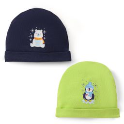 Doodle Poodle Interlock Cotton Caps with Penguin & Bear Print Pack of 2 - Green & Blue-image-33