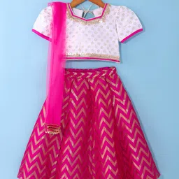Saka Designs Jacquard Woven Half Sleeves Floral & Chevron Printed Choli Lehenga Set with Dupatta - Dark Pink & Off White-picture-23