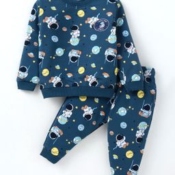 Cucumber Terry Knit Full Sleeves Winter Wear Co-Ord Set With Space Theme Print - Teal Blue-image-93