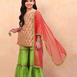 BIBA Cotton Three Fourth Sleeves Jaipuri Floral Printed & Lace Embellished Kurta Sharara With Dupatta Set - Green-image-27