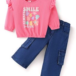 Babyhug Terry Knit Full Sleeves Top & Solid Denim Jeans Set With Floral Print & Frill Detailing - Pink & Blue-image-33