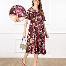 Bella Mama Women Flutter Sleeves Floral Printed Maternity Dress - Maroon-image-78