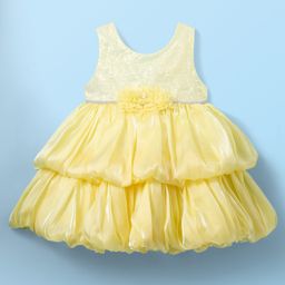 Babyhug Woven Sleeveless Balloon Party Dress With Sequin Detailing & Bow Applique - Yellow & White-image-59