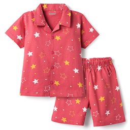 Babyhug Cotton Knit Front Open Half Sleeves Co- Ord Shorts Night Suit with Star Print - Red-image-5