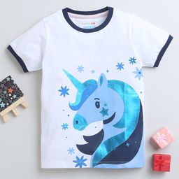BUMZEE Cotton Woven Half Sleeves T-Shirt with Unicorn Print - White-image-46