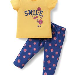 Doodle Poodle 100% Cotton Knit Half Sleeves Night Suit with Smile Text Print - Yellow & Blue-image-50