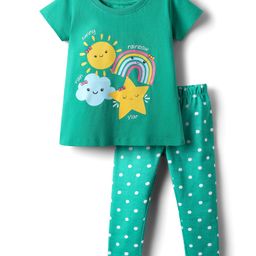 Babyhug Cotton Knit Half Sleeves Night Suit With Sun & Polka Dot Print - Green-image-95