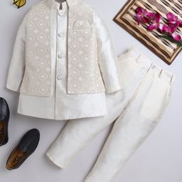 Ahhaaaa Velvet Full Sleeves Solid Kurta With Pant & Embroidered Jacket Set - Beige-image-57