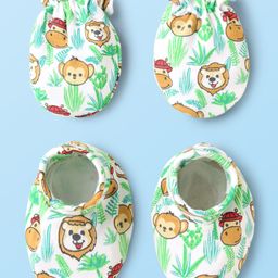 Babyhug 100% Cotton Interlock Knit Mittens & Booties Set with Animal Print - White-image-20