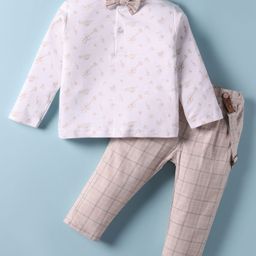 ToffyHouse Interlock Knit Full Sleeves Printed Polo T-Shirt & Checkered Trouser Set with Bow & Suspender - Beige-image-98