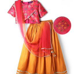 Pine Kids Woven Half Sleeves Choli Lehenga Set with Dupatta & Zari Detailing - Orange-picture-21