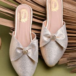 Shoetopia Shimmered & Bow Applique Detailed Slip On Mules - Golden-image-65