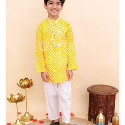 AJ Dezines Cotton Woven Full Sleeves Leheriya Printed & Gota Lace Embellished Kurta Pajama Set - Yellow-image-13