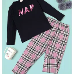 RAINE AND JAINE Cotton Knit Full Sleeves Nap Text Foil Printed & Checked Night Suit Set - Black & Pink-picture-0