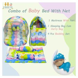 Fareto Combo of Baby Bed with Net Sleeping Bag 4 Pcs Bedding Set,Blue image 2