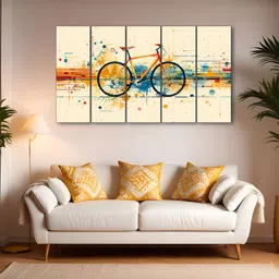 The Castle Decor Cream-Coloured & Blue 5 Pieces Cycle Printed Wall Art-image-77
