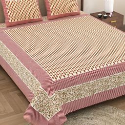 The Craft Monk Beige & Green Floral King Bedsheet with 2 Pillow Covers-image-91