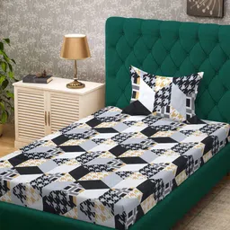 KLOTTHE Black & Grey Geometric Printed 300 TC Fitted Single Bedsheet - 2.25 m x 1.50 m-18