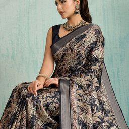 PBS PRINTS Floral Zari Silk Blend Tussar Saree-image-15