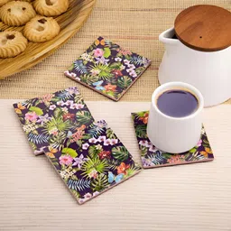 giBOX 4 Pieces Green And Blue Floral Printed Glossy Finish Wooden Square Coasters-92