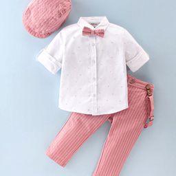 ToffyHouse 100% Cotton Woven Full Sleeves Printed Shirt and Trousers Set with Bow Suspender & Cap- Onion-picture-18
