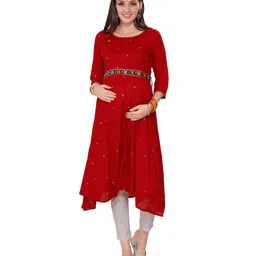 Mom for sure by Ketki Dalal Three Fourth Sleeves Mirror Work Embellished Anarkali Maternity Kurta - Red-picture-13