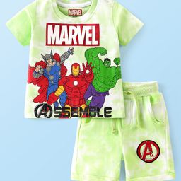 Babyhug Marvel Cotton Knit Half Sleeves Tie & Dye T-Shirt & Shorts Avengers Graphics - Green-image-33