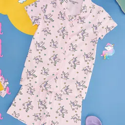 Pantaloons Junior Cotton Knit Half Sleeves Unicorn Printed Coordinating Night Suit - Crystal Pink-picture-22