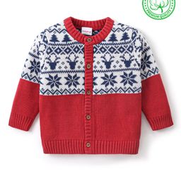 Babyhug Knitted Full Sleeves Front Open Sweater with Deer & Snowflake  Design - Red & Navy Blue-picture-3