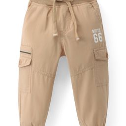 Babyhug Cotton Woven Full Length Ribbed Waist Pant With Text Print - Khaki-image-88