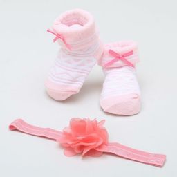 Kidofash Cotton Abstract Designed Socks With Floral Applique Detailed Headband - Pink-image-8