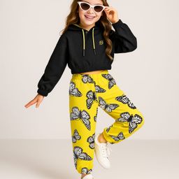Ollington St. Cotton Knit Full Sleeves Hoodie & Jogger Set With Butterflies Print - Black & Yellow-image-17