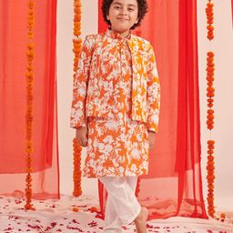 Pspeaches Full Sleeves Floral Printed Coordinating Kurta With Pyjama & Jacket - Orange-image-64