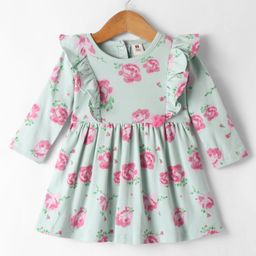 ToffyHouse 100% Cotton Knit Full Sleeves Floral Printed Dress with Frill Detailing - Mint-image-35