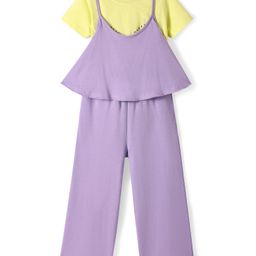 Pine Kids Cotton Knit Solid Colour Dungaree & Half Sleeves T-Shirt - Purple & Yellow-picture-49