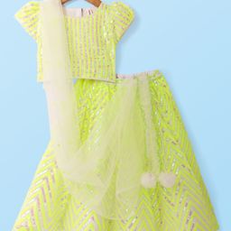 Babyhug Woven Short Puffed Sleeves Net Sequinned EmbroideredCholi Lehenga & Dupatta Set- Lime Green-image-82