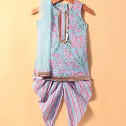 Saka Designs Cotton Woven Sleeveless Floral Printed Kurta & Patiala Set with Dupatta & Lace Detailing - Light Blue-image-15