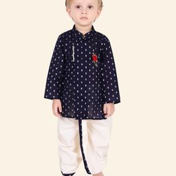 ETHNIKS NEURONPure Cotton Full Sleeves Motif Printed Kurta With Dhoti Set - Navy Blue-image-66