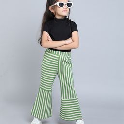 Taffykids Cotton Jersey Half Sleeves Solid Backless Tie Up Crop Top With Striped Pant Set - Black & Multi Colour-image-54