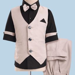Rikidoos Full Sleeves Solid Shirt With Abstract Printed Waistcoat Pant & Bow Set - Black & Off White-image-5