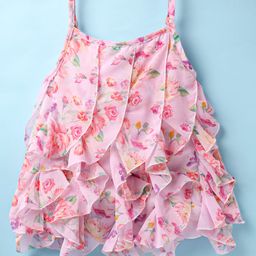 Dew Drops Chiffon Woven Sleeveless Frock With Floral Print - Peach-image-65