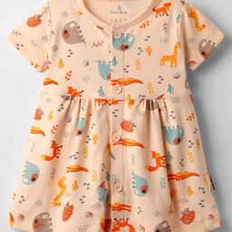 Child World Interlock Knit Half Sleeves Front Open Frock with Jungle Theme Print - Peach-picture-5
