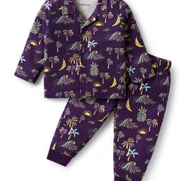 Babyoye Single Jersey Knit Full Sleeves Co-ords Night Suit With Tropical Theme Print - Purple-image-77