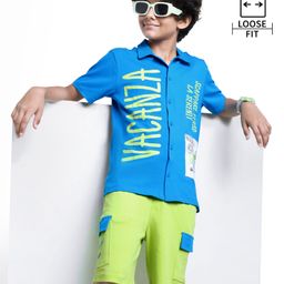 OLLINGTON ST. 100% Cotton Knit Half Sleeves Shirt & Shorts Set with Text Print - Blue & Limegreen-picture-5