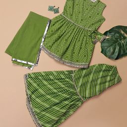 Desi Soota Cotton Sleeveless Bandhani Printed Kurta Sharara & Dupatta Set - Green-image-66