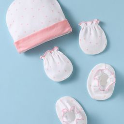 Ben Benny 100% Cotton Knit Cap Mitten & Booties Set with Polka Dot Print White & Pink - Diameter 9 cm-20