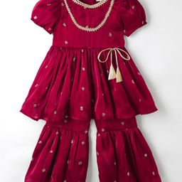 Saka Designs Woven Half Sleeves Kurti Gharara Set with Embroidery & Sequin Detailing - Maroon-image-79