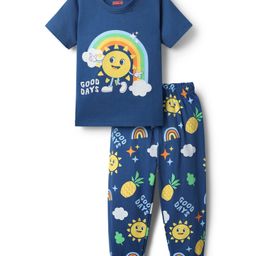 Babyhug Cotton Knit Half Sleeves Night Suit With Fruits Print - Blue-image-0