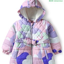 Babyoye Woven Front Open Full Sleeves Abstract Printed Padded Hoodie With Bow Detailing - Multi colour-image-89