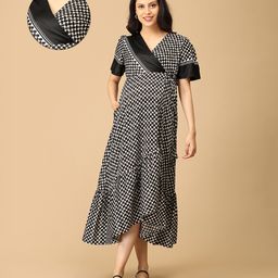 The Mom Store Cotton Half Sleeves Abstract Printed Tiered Maternity Dress With Nursing Access - Black-image-13